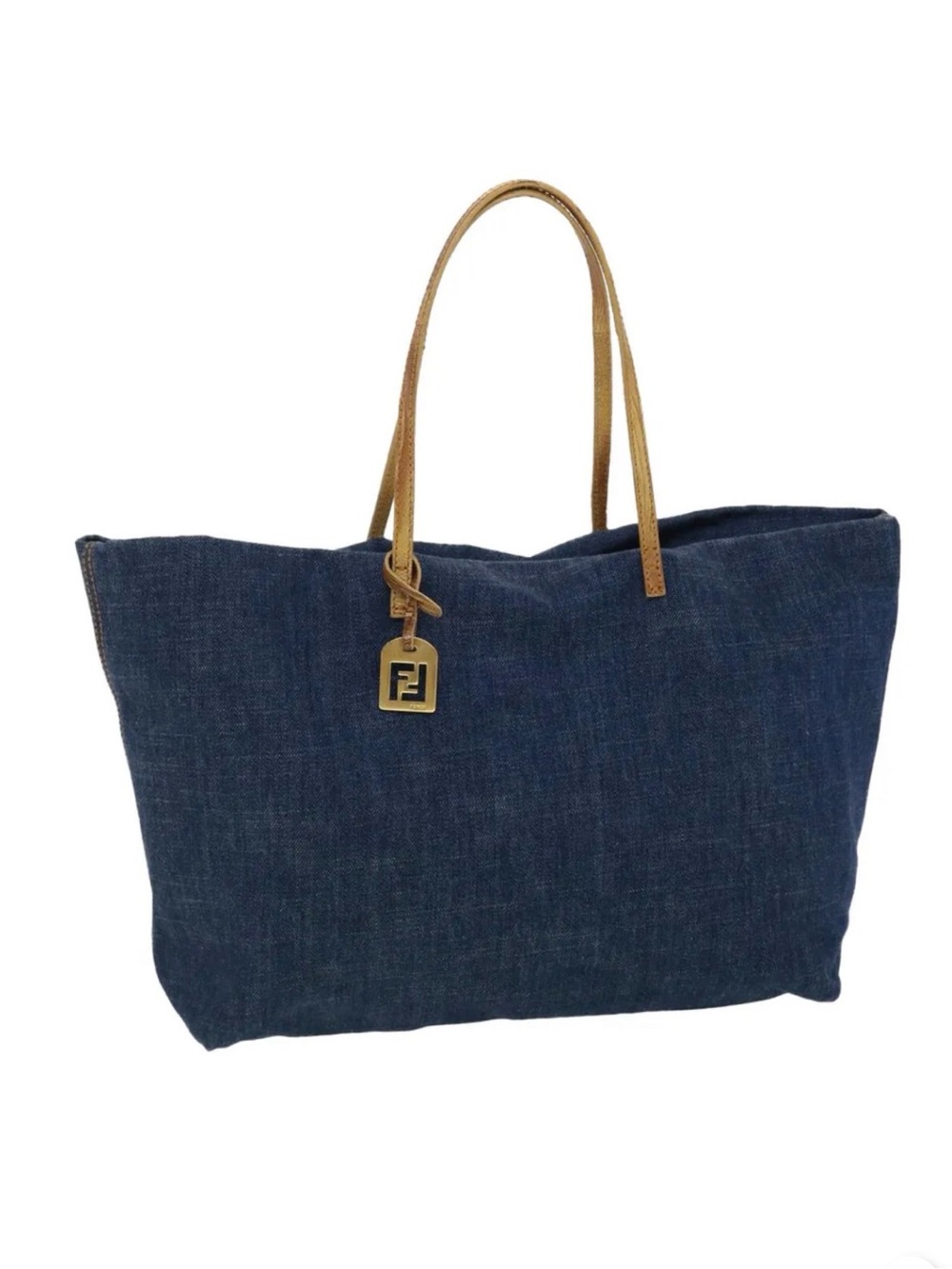 Auth NEW Fendi Dark Blue Denim Tote LIZARD Exotic Tab Leather Straps Large Linen